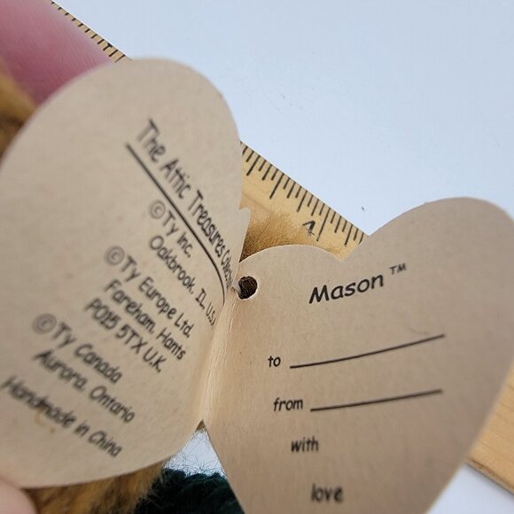 TY‎ Mason Teddy Bear Plush Dark Brown Jointed 8" Green Sweater NWT - Picture 3 of 4